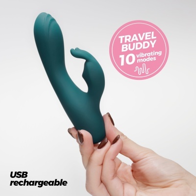 Vibrador azul esverdeado com selo TRAVEL BUDDY 10 vibrating modes em fundo branco