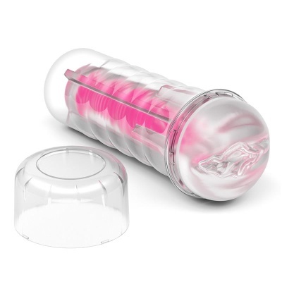 Dispositivo cilíndrico transparente com interior rosado e tampa removível