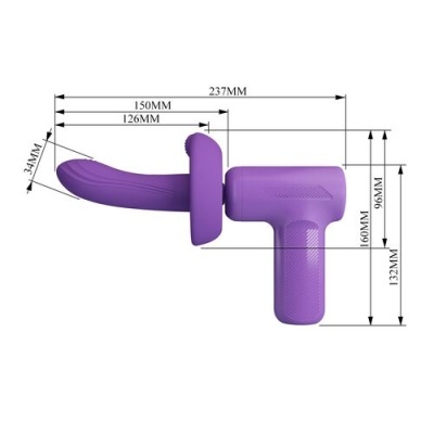 Dispositivo roxo com medidas em milímetros num fundo branco