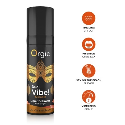 Frasco preto de gel íntimo Orgie com máscara dourada e textos em fundo branco