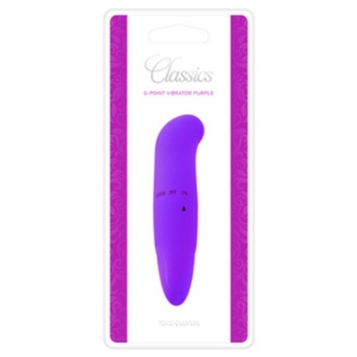 Vibrador roxo em embalagem branca com laterais roxas e texto Classics.