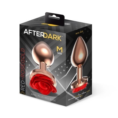 Caixa preta com plug anal rosê dourado com base de rosa vermelha, tamanho M, marca AFTERDARK