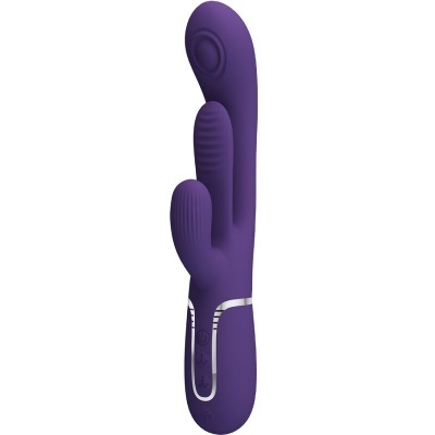 Vibrador roxo de silicone com três prolongamentos e botões de controlo no cabo