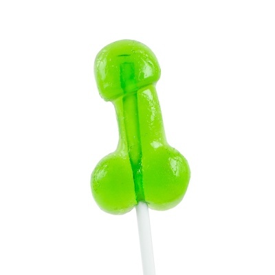Pirulito verde translúcido com formato peculiar em fundo branco