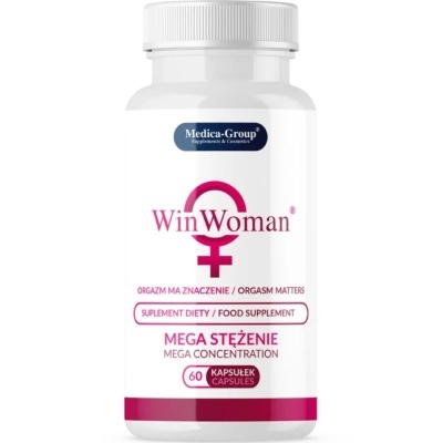 Frasco branco de suplemento alimentar WinWoman com texto em rosa e azul
