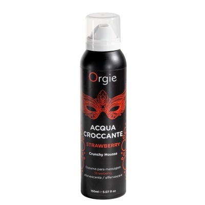 Frasco preto com espuma para massagem sabor morango, texto branco e vermelho, tampa transparente.