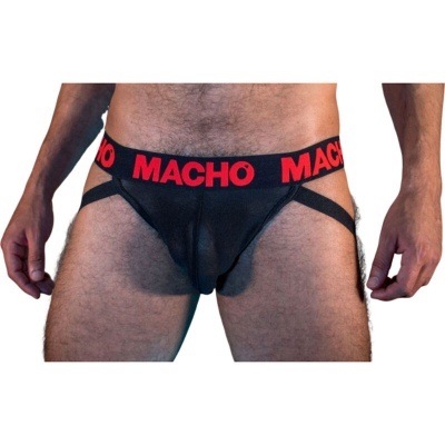 Cueca jockstrap preta com faixa elástica preta com texto vermelho MACHO