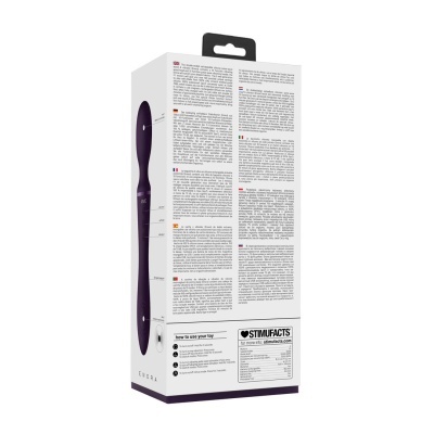 Embalagem branca de vibrador duplo de silicone roxo Enora com texto explicativo e detalhes técnicos.