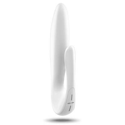 Vibrador branco com design ergonómico e botões de controlo.