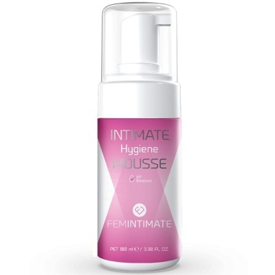 Frasco de mousse de higiene íntima rosa e branco