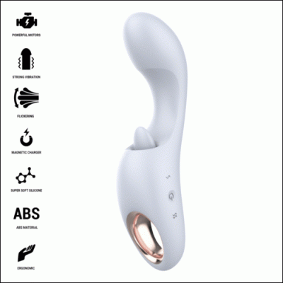 Vibrador ergonómico branco com detalhe metálico dourado e botões de controlo