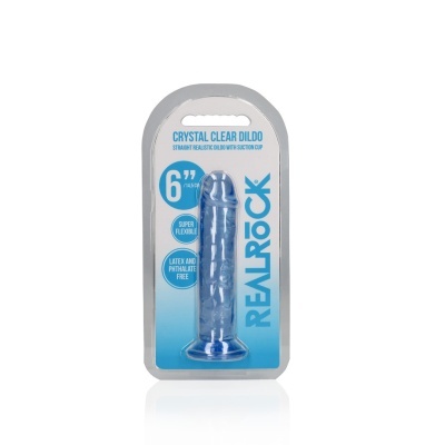 Dildo azul translúcido em embalagem com texto
