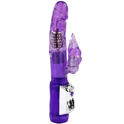 Vibrador roxo translúcido com esferas metálicas e forma de coelho
