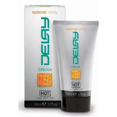 Creme DELAY special delay RHINO LONG POWER HOT 50 ml em embalagem branca com texto verde, laranja e preto