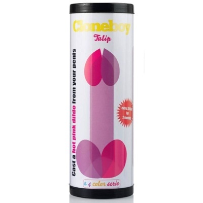Embalagem cilíndrica branca de produto Cloneboy Tulip com gráfico rosa fálico e texto promocional.