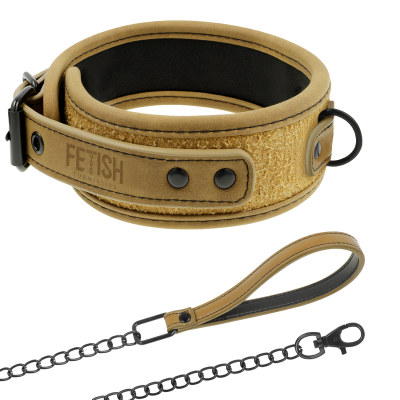 Coleira e trela Fetish Submissive em couro castanho claro com interior preto e fecho de metal negro