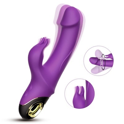 Vibrador roxo de silicone com base preta e dourada e função de rotação 360°