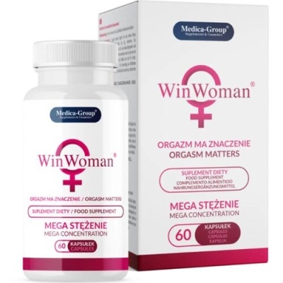 Suplemento alimentar WinWoman da Medica-Group, embalagem branca com texto rosa e azul.
