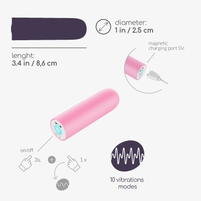 Vibrador cilíndrico rosa, dimensões e info de carregamento magnético.