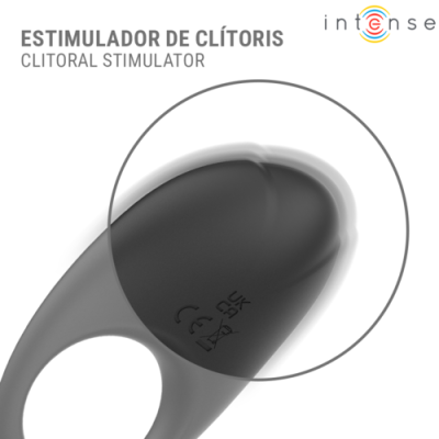 Estimulador de clítoris cinzento com texto impresso e design liso.
