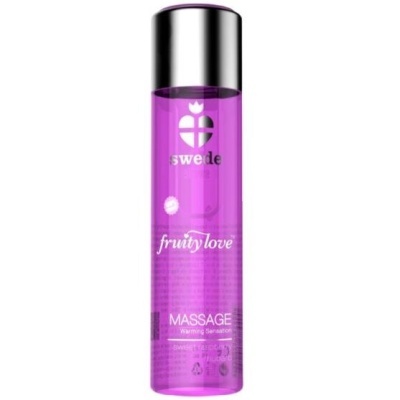 Frasco roxo de óleo de massagem Swede fruity love com tampa prateada