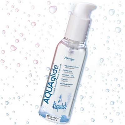 Frasco transparente de lubrificante líquido Aquaglide com doseador branco