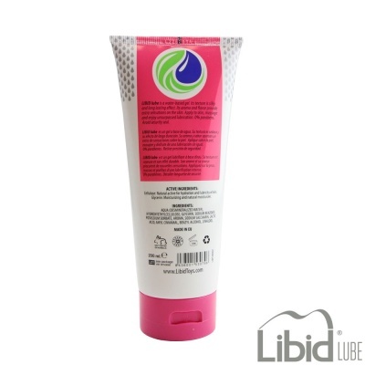 Tubo de gel Libid Lube com tampa rosa, texto e logotipo colorido