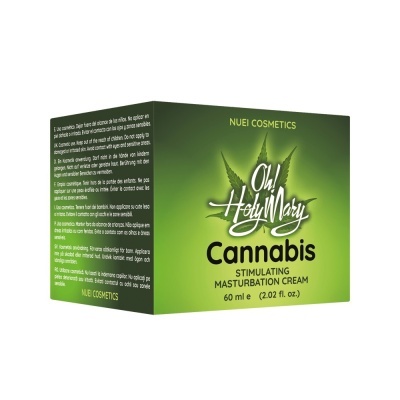Embalagem verde de creme estimulante Oh! Holy Mary com folha de cannabis e texto da marca
