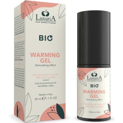 Frasco preto e caixa creme com detalhes cor-de-rosa e folhas pretas de gel estimulante LuxuriA BIO Warming Gel