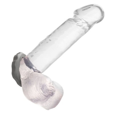 Dildo transparente com textura realista e base cinzenta