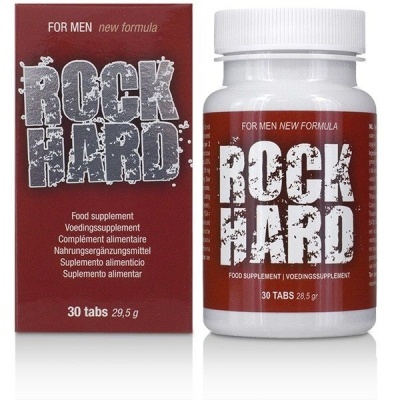 Suplemento alimentar Rock Hard para homens em embalagem e frasco com rótulo vermelho