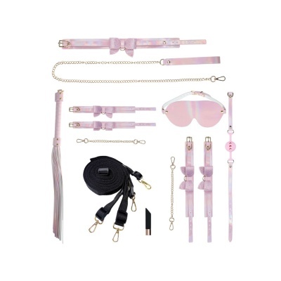 Conjunto de acessórios iridescentes rosa claro com detalhes dourados e pretos para uso pessoal