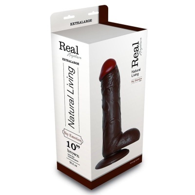 Embalagem de dildo castanho de 25.5 cm com texto informativo