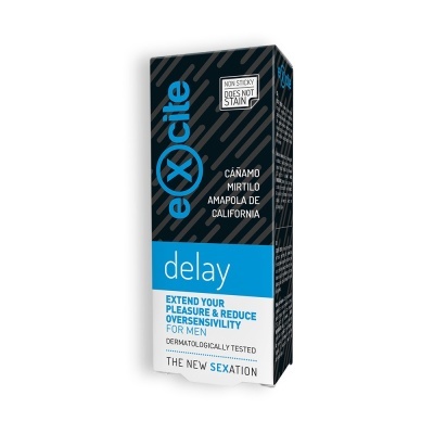 Embalagem preta e azul de produto delay para homens com texto em inglês e ingredientes em espanhol.
