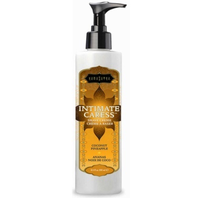 Creme de barbear Kama Sutra Intimate Caress côco e ananás, 250 ml, embalagem branca com dispensador preto