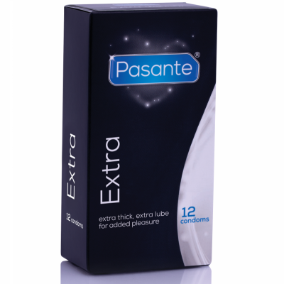 Embalagem de preservativos Pasante Extra azul escura com texto branco e azul