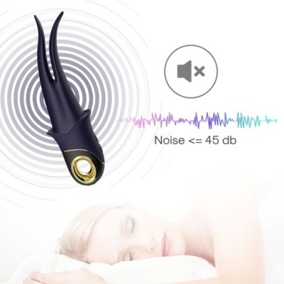 Dispositivo preto de duas pontas flexíveis com detalhe dourado e indicação de ruído até 45 db com pessoa a dormir