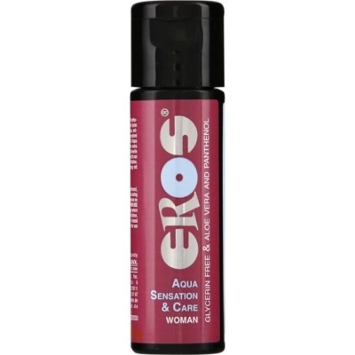Frasco pequeno de produto Eros Aqua Sensation & Care Woman com etiqueta bordô e cinza.