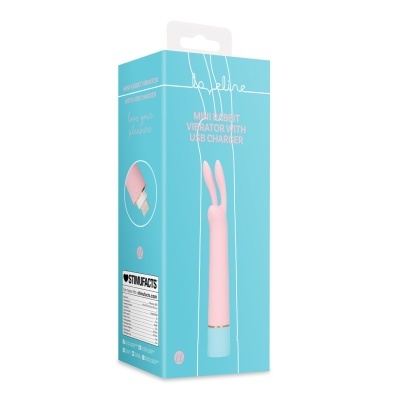 Embalagem de vibrador mini rabbit cor-de-rosa com carregador USB em fundo azul claro