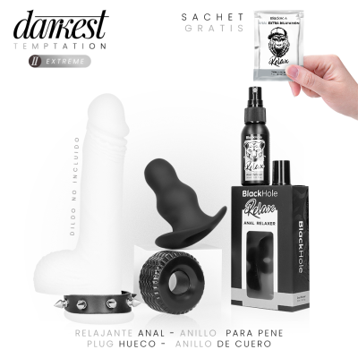 Produtos eróticos pretos e brancos com texto promocional em fundo branco