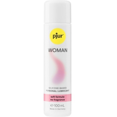 Frasco branco com rótulo amarelo e rosa de lubrificante pessoal silicone, 100 mL