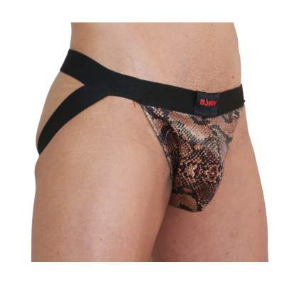 Cueca jockstrap masculina padrão pele de cobra com faixa preta e etiqueta BURN