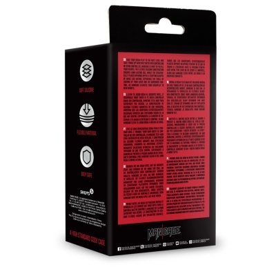 Embalagem preta com texto vermelho e branco e ícones de silicone macio, material flexível e seguro para o corpo
