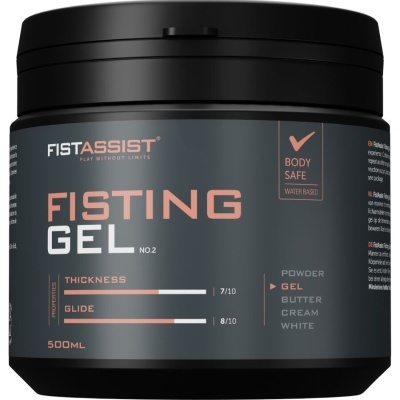 Recipiente de gel FistAssist preto e cinza com texto laranja e branco.