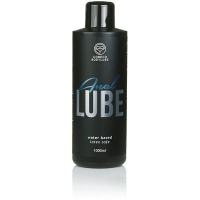 Frasco preto de lubrificante anal à base de água com texto em branco e azul