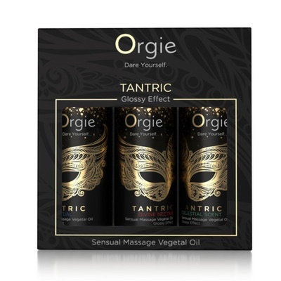 Conjunto Orgie Tantric Glossy Effect com três frascos de óleo de massagem sensorial em embalagem preta e dourada