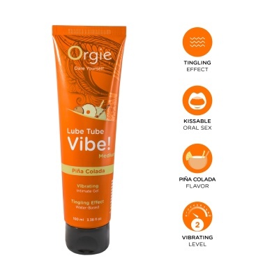 Tubete laranja de gel íntimo vibratório Vibe! com tampa preta e texto informativo ao lado
