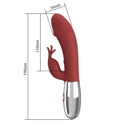 Vibrador vermelho com base prateada e medidas indicadas
