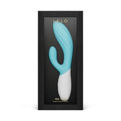 Vibrador azul e branco LELO INA Twist numa caixa preta