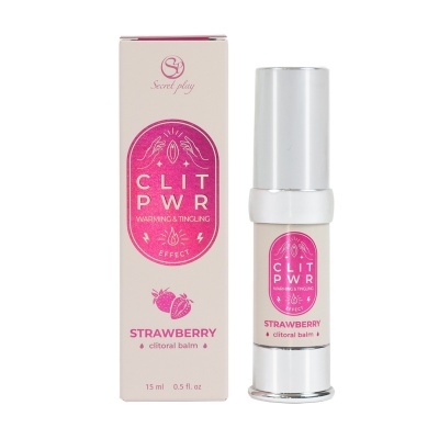 Bálsamo clitoral CLIT PWR com sabor morango em embalagem e frasco branco e rosa
